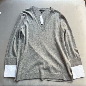 New J. Crew Gray V-Neck Wool Sweater with White Accents
